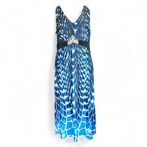 NY Collection Sleeveless Maxi Dress Stretch Knit Bead Detail V-Neck Blue Sz XL